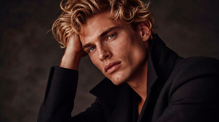 Fototapeta premium A cinematic studio portrait of a handsome young man with wavy blonde hair, wearing a black coat, looking at the camera with an intense expression, dark moody background.