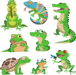 Fototapeta premium All the Feels Reptile Character Sticker Sheet, Cute Wild Animal and Lizard Pet Mascot Vector