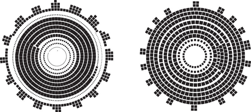 Two circular geometric patterns featuring concentric rings and square blocks arranged in a radial formation isolated on a also transparent background