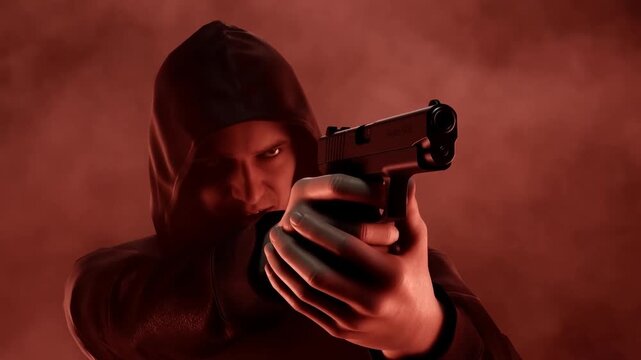 Tracking shot of hooded person aiming handgun while advancing through dense red smoke in dark studio environment