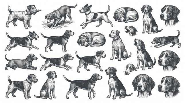 Dog halftone art collage cutouts set. Fun beagle and terrier pet stickers with vintage dot texture and doodles. Modern retro grunge mixed media canine animal illustration for scrapbooking hobby.