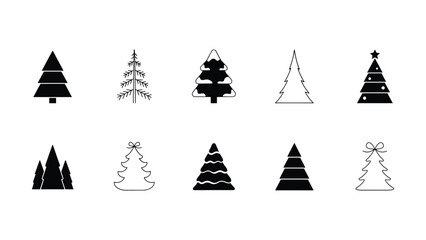 Fototapeta premium Collection of diverse Christmas tree icons and silhouettes depicting winter holiday celebrations and festive decorations isolated on a white background