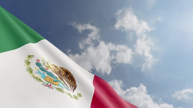Passenger Airplane Flying Over Mexican Flag Waving Against Blue Sky and Clouds Background