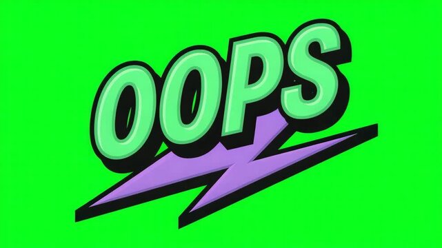A colorful graphic illustration of the word oops with a purple lightning bolt on a green background 4k video