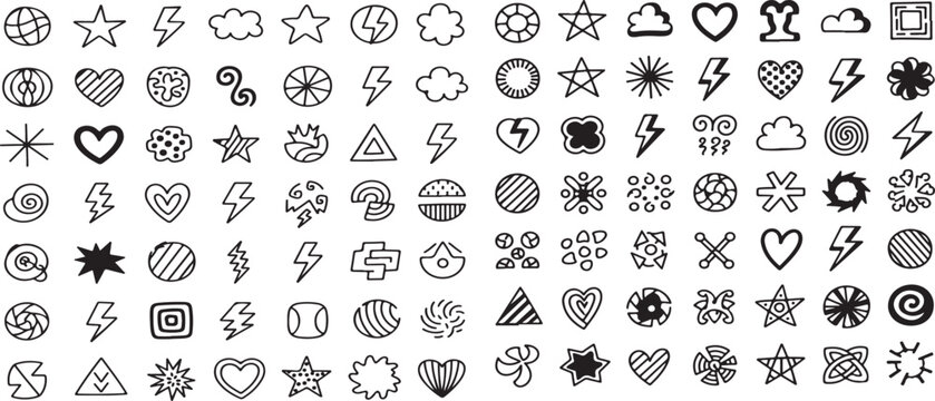Collection of hand drawn doodle shapes stars hearts clouds and lightning bolts with lightning collection abstract background decoration scribble creative illustration isolated geometry