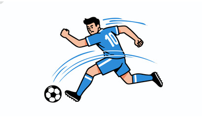 Fototapeta premium Cartoon soccer player running and kicking ball in blue uniform dynamic sports vector illustration