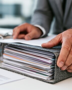 Compliance Specialist Reviewing Policy Binder with Documents in Office