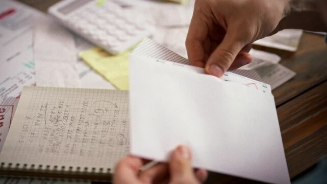 Man's hands carefully extract overdue receipt from envelope, surrounded by calculator and unpaid bills. This moment of financial awareness sparks concern about late payments and pending obligations