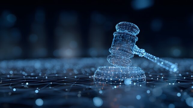 Abstract futuristic 3D render of glowing digital gavel icon on holographic network grid, cyber law legal technology and electronic contract justice concept
 