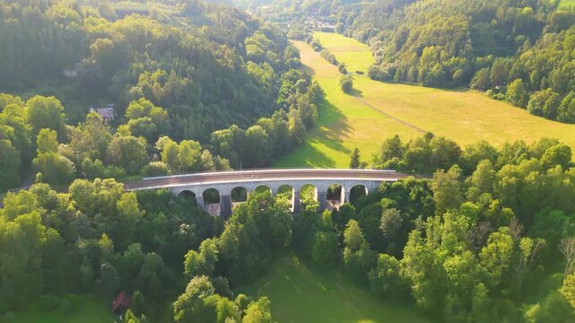 Sychrov Railway Bridge spans a lush valley in Czechia, connecting scenic landscapes and enhancing travel routes. Experience the bridge's impressive structure set against a backdrop of greenery.