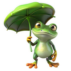 Obraz premium Cute little green frog character holding an umbrella with amphibian, umbrella isolated on transparent background