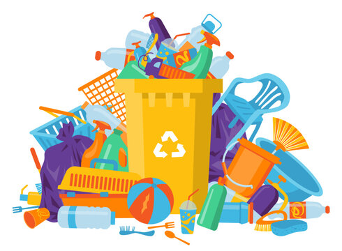 Large pile of plastic waste doesn't fit into the recycling bin. Plastic waste recycling concept