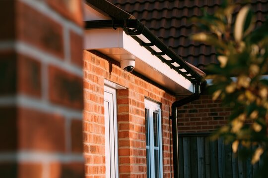 Surveillance camera mounted on a brick house soffit overlooking property