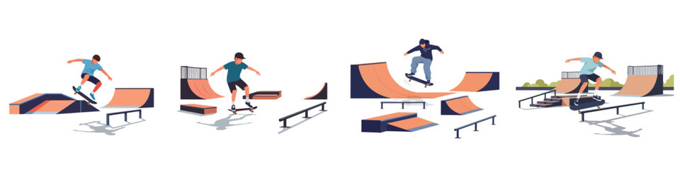 Skateboarding action young men perform tricks on ramps and rails in a series of dynamic illustrations © Haris Lost