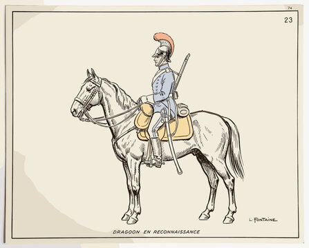 Courage and honor in military history. Historical educational material for collectors. French dragoon soldier on white horse with vintage uniform. Antique 19th century lithograph style.