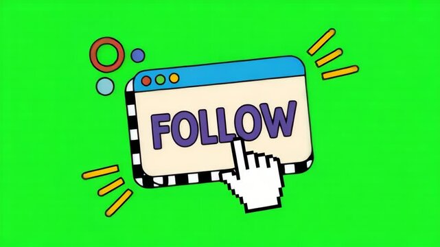 A colorful illustration of a computer cursor clicking on a browser window with the word follow on a green background 4k video