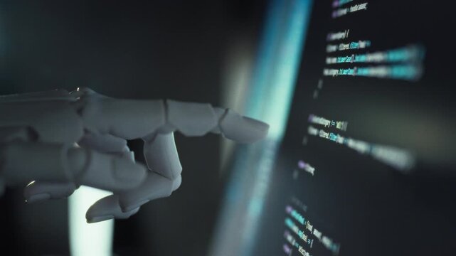 Under AI guidance, a humanoid robot generates complex code using a sophisticated algorithm, exemplifying the fusion of neural network capabilities and programming expertise