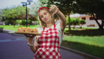 Obraz premium Woman chef wearing red checked apron holds a wooden tray of muffins and gives thumbs down with her hand in a city park; disappointment.
