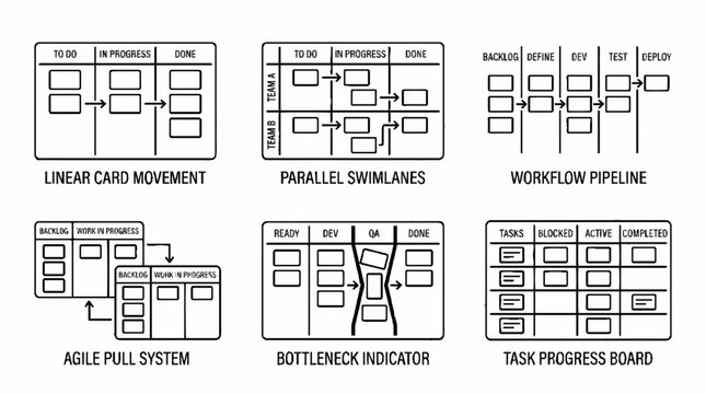 Kanban Board Variations and Agile Workflow Diagrams for Project Management.