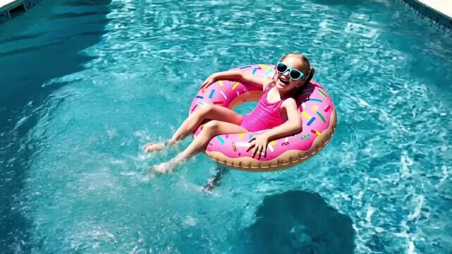Cute girl in sunglasses floats on donut pool float in backyard swimming pool on a sunny day