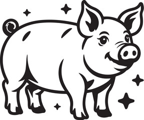 Fototapeta premium Cartoon Pig Standing with Sparkles and Stars Isolated on White Background