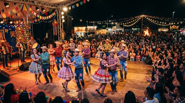 Festa Junina celebration with couples dancing traditional quadrilha in colorful costumes and a live band playing accordion and drums