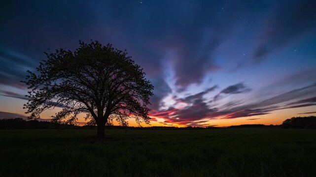 Time lapse of sunset over a field with a tree in the foreground captured in vertical format