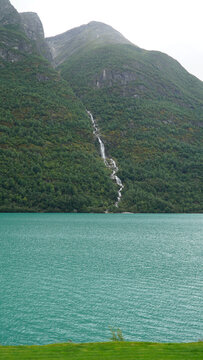 Green Misty Mountain and Glacier landscapes near Briksdal Glacier in Norway