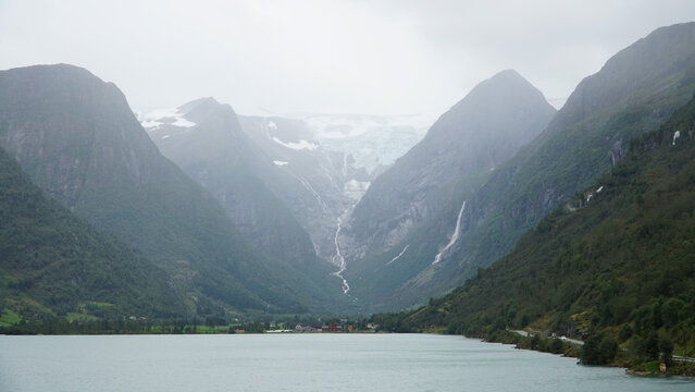 Green Misty Mountain and Glacier landscapes near Briksdal Glacier in Norway