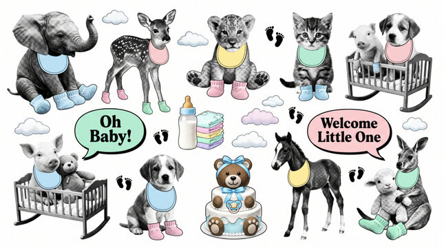 Baby shower halftone art collage cut outs set. Fun newborn stickers with vintage dot texture and doodles. Cute animals wearing bibs and booties. Retro mixed media scrapbook clip art elements.