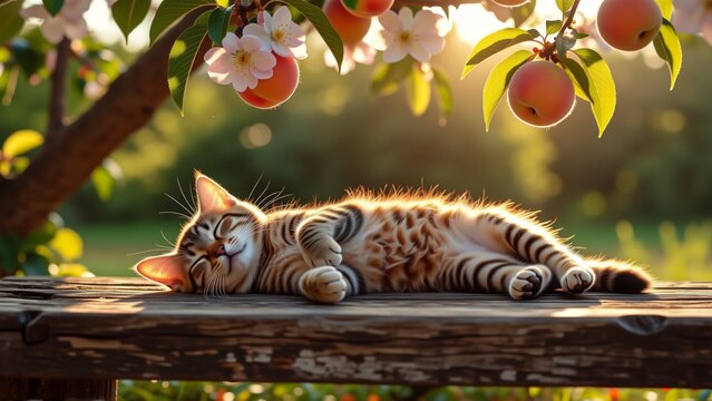 cat sleeping wooden bench orchard cat orange black striped lying its side its head resting its paws its eyes closed its body stretched out peaceful slumber background blurred appears garden park