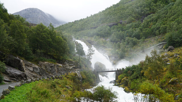 Green Misty Mountain and Glacier landscapes near Briksdal Glacier in Norway