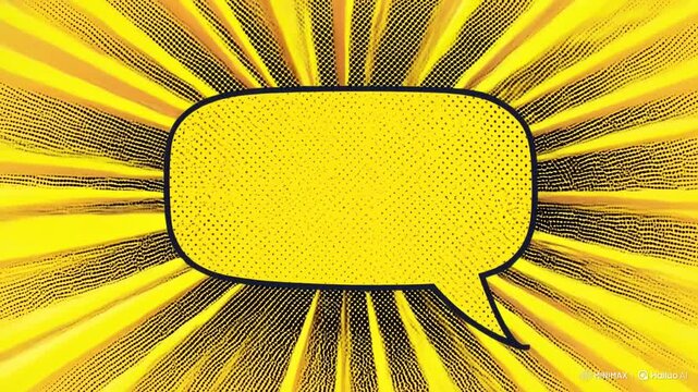 Zoom in on comic speech bubble expanding over radial pop art halftone burst background in bright yellow and black retro cartoon panel
