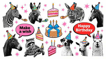 Happy birthday halftone art collage cut outs set. Fun party animals stickers with vintage dot texture and doodles, donkey horse zebra rabbit goat llama wearing hats cake and pop art bubbles. © Itx Musa