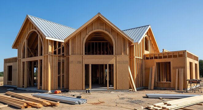 Modern house under construction with wooden frame and large windows