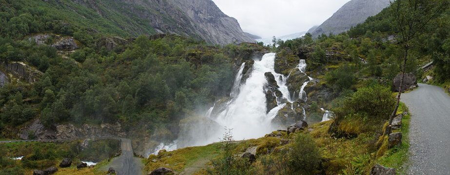 Green Misty Mountain and Glacier landscapes near Briksdal Glacier in Norway