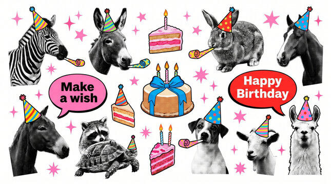 Happy birthday halftone art collage cut outs set. Fun party animals stickers with vintage dot texture and doodles, donkey horse zebra rabbit goat llama wearing hats cake and pop art bubbles.