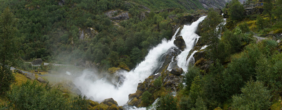 Green Misty Mountain and Glacier landscapes near Briksdal Glacier in Norway