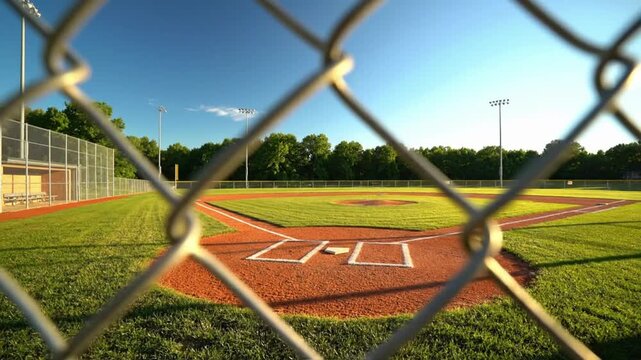 Wide angle view of empty baseball field with chain link fence in sunny weather at VSRExport location