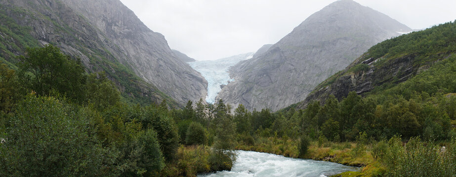 Green Misty Mountain and Glacier landscapes near Briksdal Glacier in Norway