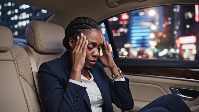 Businesswoman experiences headache in car after long workday in city at night