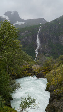 Green Misty Mountain and Glacier landscapes near Briksdal Glacier in Norway