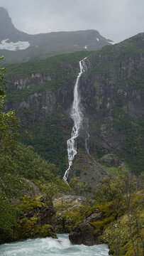 Green Misty Mountain and Glacier landscapes near Briksdal Glacier in Norway