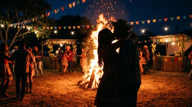 Couple kissing by bonfire at night during a traditional Festa Junina celebration with dancing and decorations