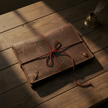 A vintage leather diary book tied with red string resting on a rustic wooden table with an old ink well and quill nearby in soft natural morning sunlight creating a warm nostalgic artistic atmosphere