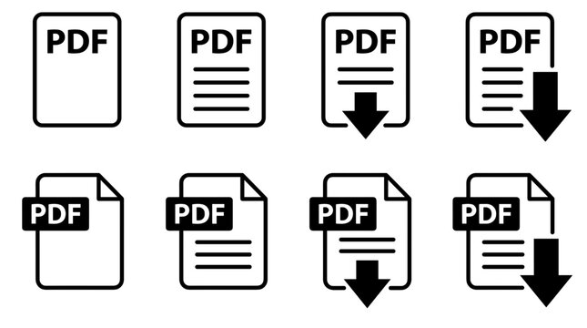 Collection of stylized black and white icons representing PDF documents, including options for downloading files.