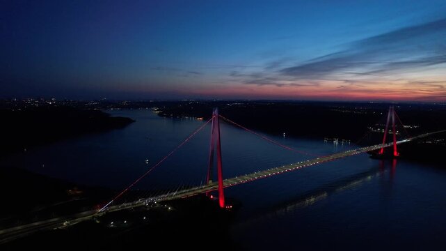 Yavuz Sultan Selim Bridge in Istanbul, Turkey. Aerial view at sunset with drone.