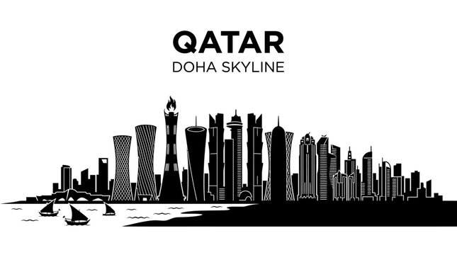 Qatar Doha Skyline Silhouette Against White Background