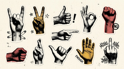 Trendy halftone hand gestures collage elements set. Fun punk rock stickers with vintage dot texture and doodles. Modern retro grunge mixed media hand signs for scrapbook and poster art layouts. © Itx Musa