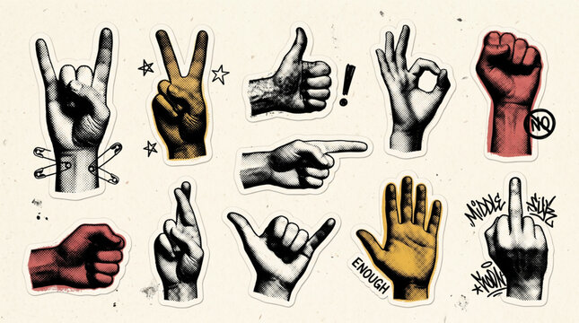Trendy halftone hand gestures collage elements set. Fun punk rock stickers with vintage dot texture and doodles. Modern retro grunge mixed media hand signs for scrapbook and poster art layouts.